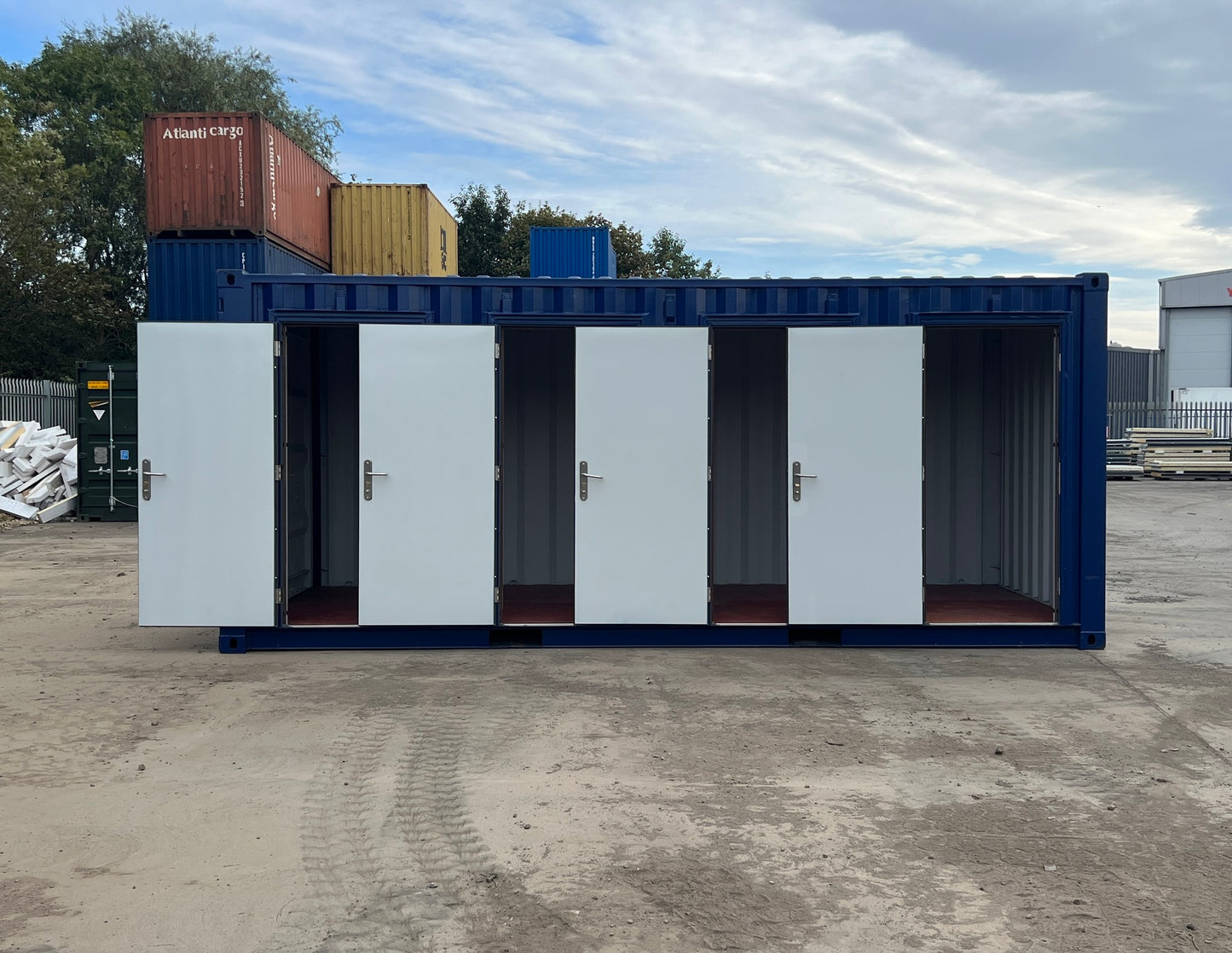 20ft Shipping Container with Four Hinged Steel Doors and Movable Partitions – Blue
