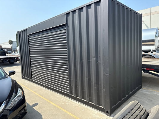 20ft Used Shipping Container with Matte Black Finish and 12ft Side Roll-Up Door