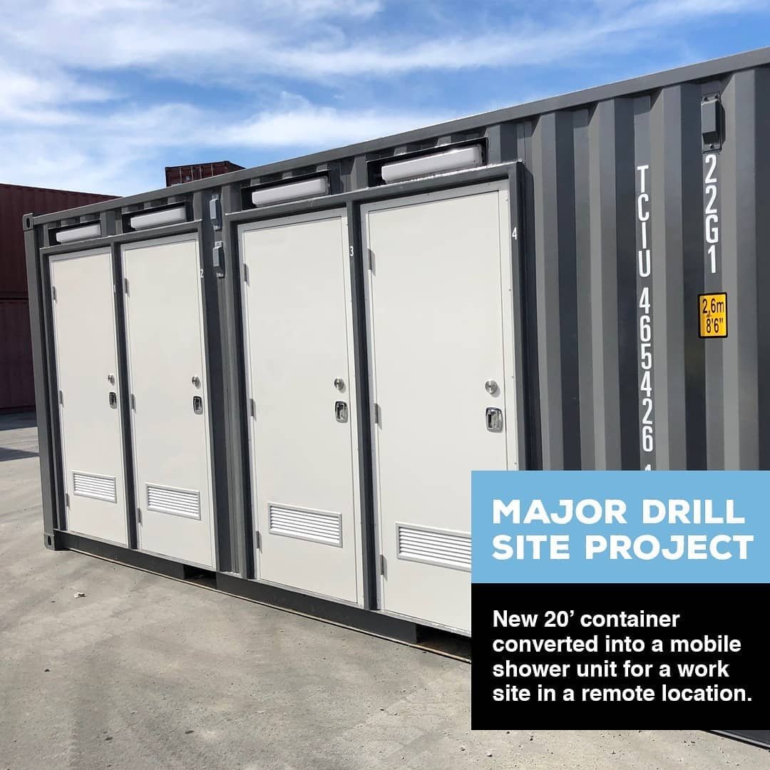 A new 20’ container converted into a mobile shower unit for a work site in a remote location